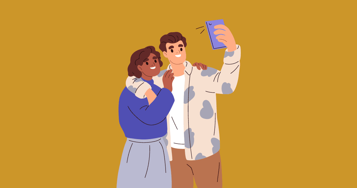Cartoon of two people taking selfie.