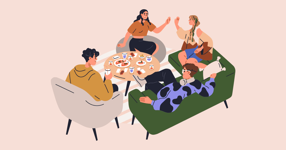Cartoon of people sitting around a table.