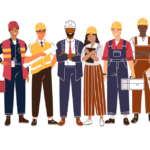 Cartoon of jobsite construction or warehouse crew.