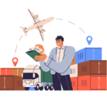 Cartoon of person standing in front of shipping containers.