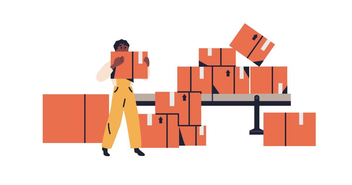 Cartoon of warehouse worker moving boxes