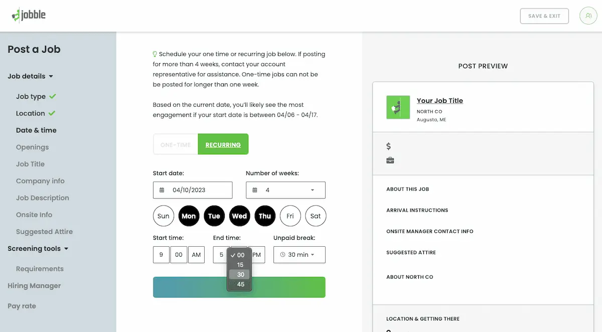 Jobble Pro workforce dashboard showing post-a-job scheduling and screening workflow