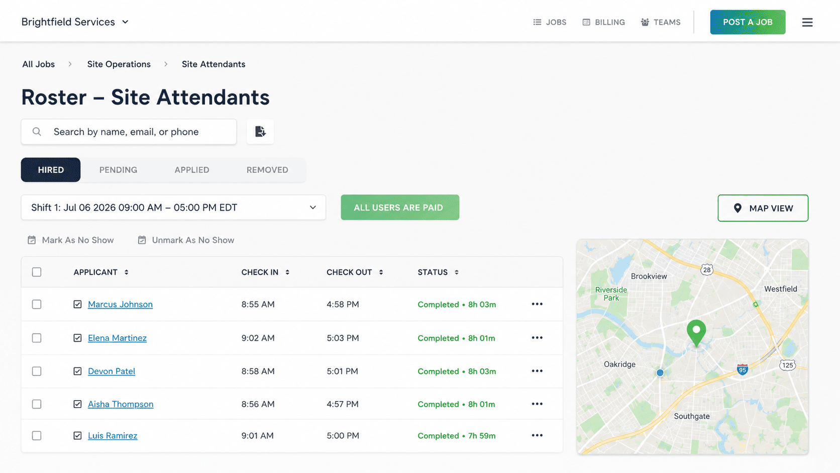 Jobble Hire roster management view