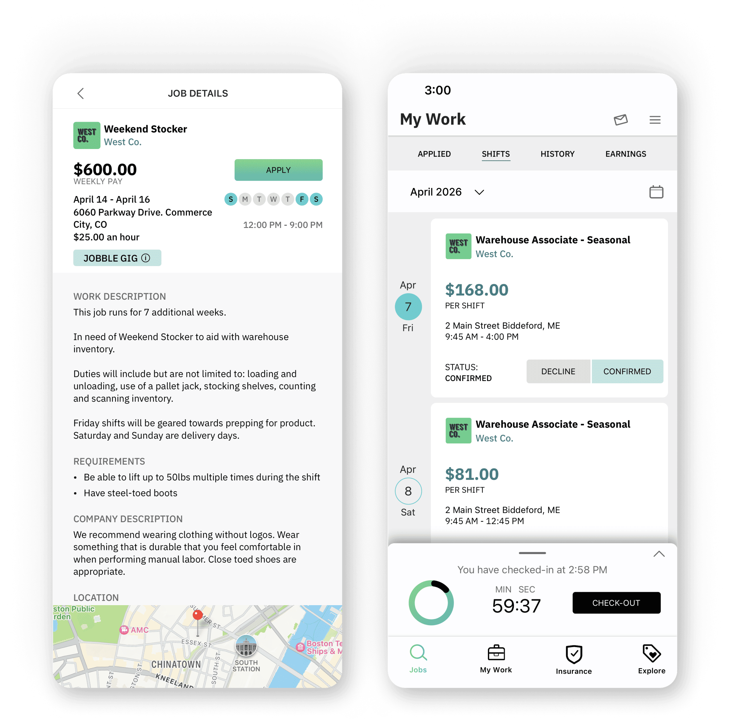 Jobble mobile app for finding work, managing shifts, and tracking payments