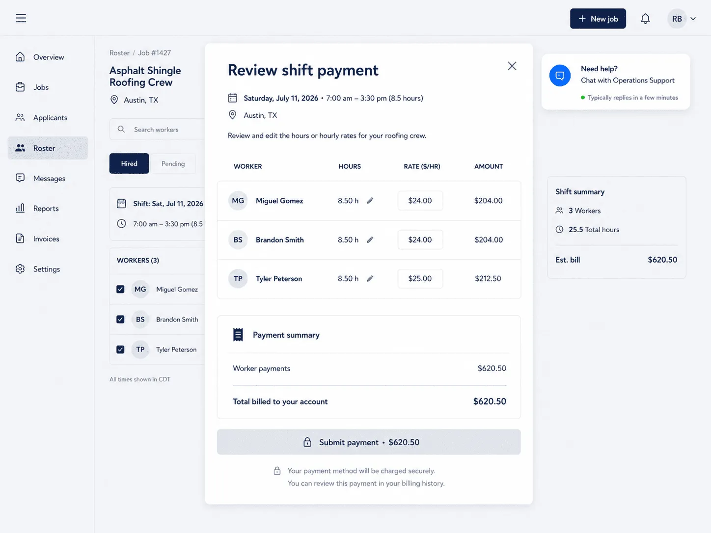 Jobble operations platform showing a shift payment review, worker hours, rates, and payment summary