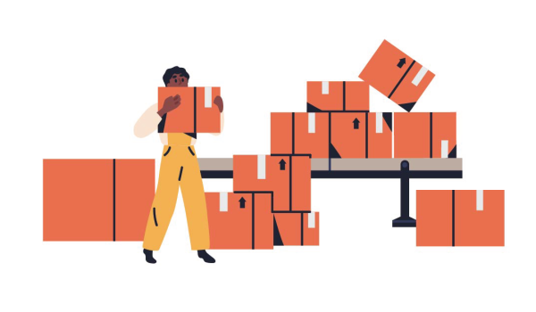Cartoon of warehouse worker moving boxes