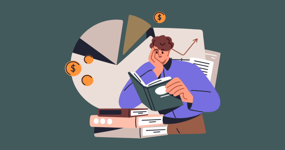 Cartoon of person reading information about taxes.