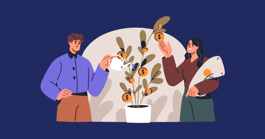 Cartoon of people watering a money tree.
