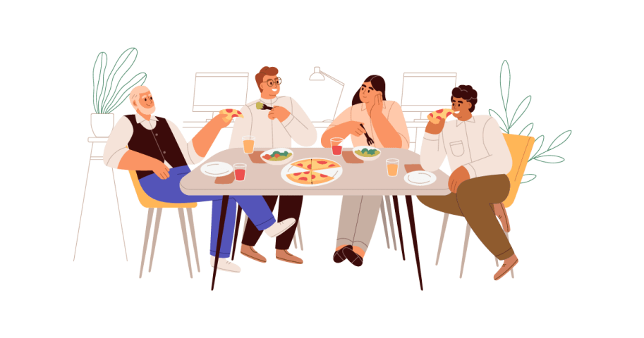 Cartoon of people sitting around a dining table.