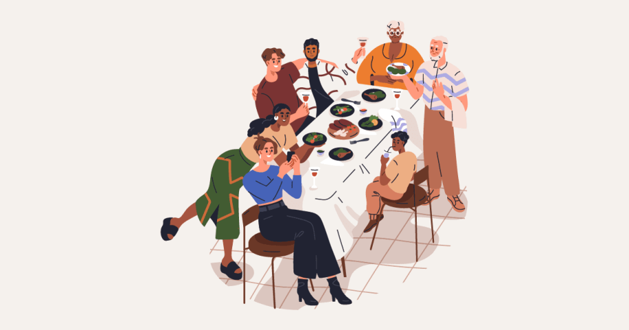 Cartoon of people sitting around table.