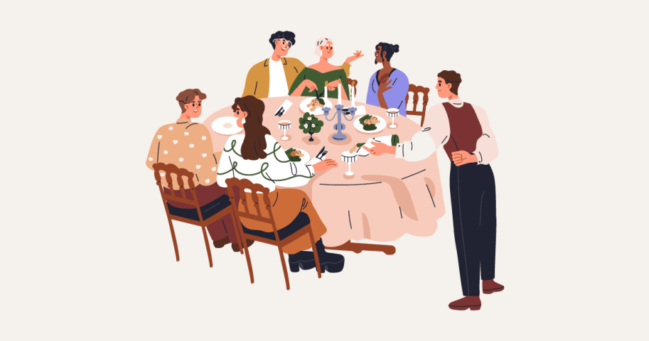 Cartoon of people being served at a table.