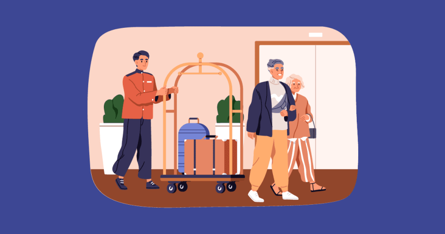 Cartoon image of someone helping a customer.
