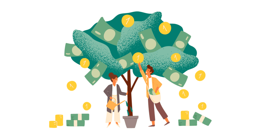 Cartoon image of people pulling money off of a tree.