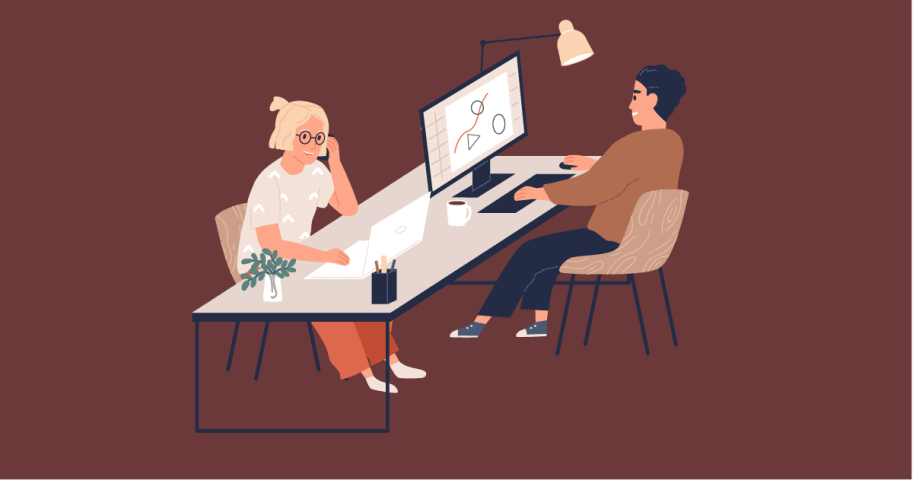Cartoon of two people sitting at shared desk.