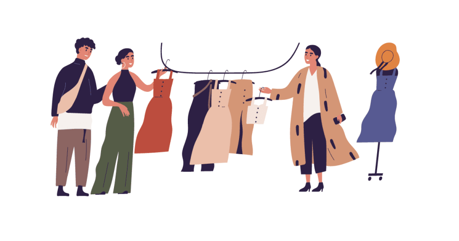 Cartoon of people talking in clothing store.