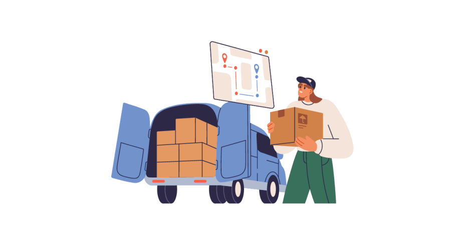 Warehouse worker loading truck with boxes.